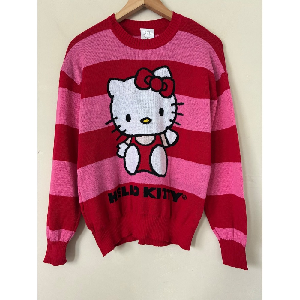 Hello Kitty Sanrio Striped Knit Sweater Pink Red Y2K Graphic Pullover Small